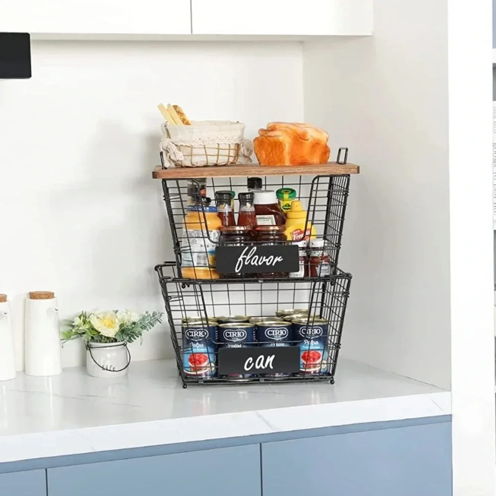 NIB 2 Stackable Wire Storage Baskets with Wood Lid and Chalkboards
